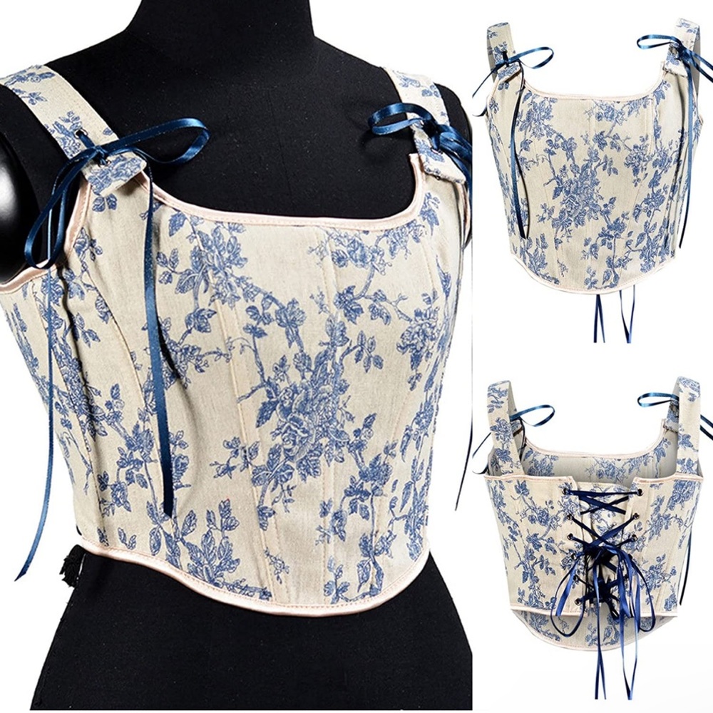 Blue Cream Floral Tapestry Corset Lace Up Top, Y2K inspired, NWT
